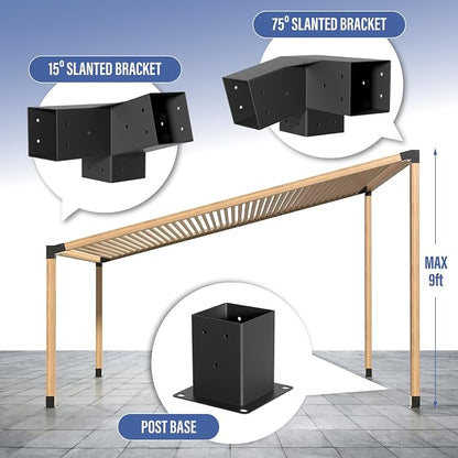 15° Pergola Bracket, 75° Corner 3-Way Pergola Right Angle Bracket with Post Base, Raised Wood Bracket for 4"x4" (Inner Dimensions: 3.5"x3.5") Wooden Beam, Pergola, Garden, Gazebo,... (Set 8)