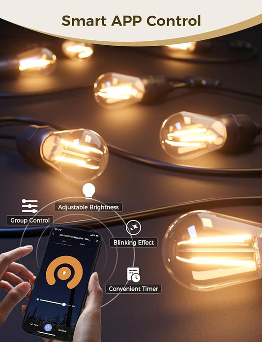 XMCOSY+ Smart Outdoor String Lights, 98Ft LED Patio Lights Waterproof IP65, App Control, Compatible with Alexa, Dimmable Edison Bulbs Outdoor Light for Yard Porch Bistro Outside