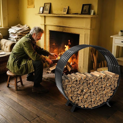 Round Metal Sheet Firewood Rack Indoor by Fireplace/Outdoor Beside Fire Pit -with Metal Legs,Rustproof,Durable & Stylish Firewood Holder (Circle, 40 Inches Diameter)