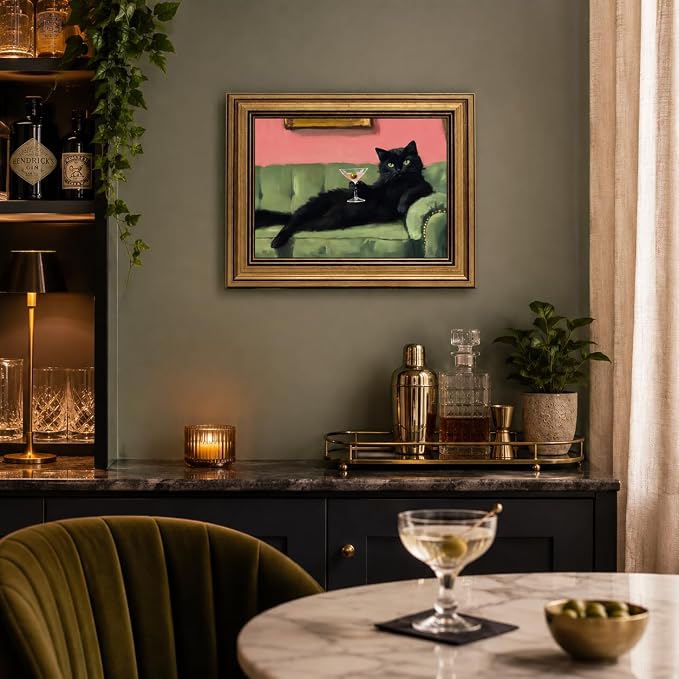Devunaty Vintage Gold Framed Black Cat Martini Wall Art, Cocktail Bar Cart Wall Decor, Funny Cat On Green Sofa Canvas Print, Eclectic Whimsical Painting Picture For Bedroom Living Room Decor 16"x24"