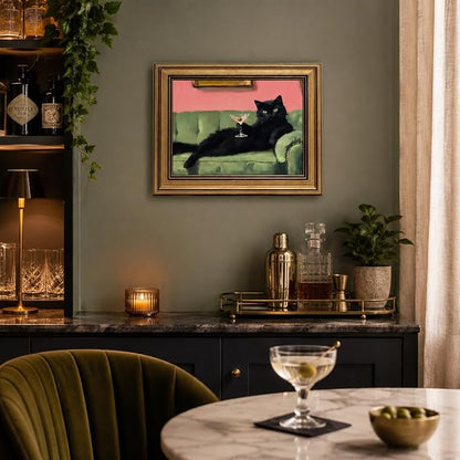 Devunaty Vintage Gold Framed Black Cat Martini Wall Art, Cocktail Bar Cart Wall Decor, Funny Cat On Green Sofa Canvas Print, Eclectic Whimsical Painting Picture For Bedroom Living Room Decor 16"x24"