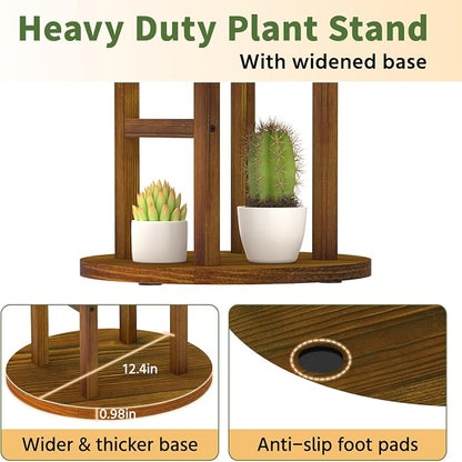 LASZOLA 4 Tiered Wood Plant Stand Indoor Corner with Grow Lights, Flower Holder Rack Tall for Multiple Plants, Rustic Planter Shelf Display for Patio Garden Balcony Living Room, Brown