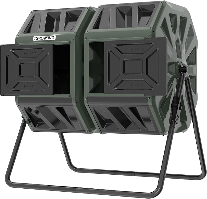 THE Growing 53 Gallon Large Outdoor Compost Bin Tumbler Barrel, Green | Dual 26.5gal lawn-matching chambers for bulk waste. Reinforced frame adds stability. Easy outdoor bolt structure assembly.