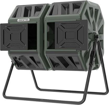 THE Growing 53 Gallon Large Outdoor Compost Bin Tumbler Barrel, Green | Dual 26.5gal lawn-matching chambers for bulk waste. Reinforced frame adds stability. Easy outdoor bolt structure assembly.