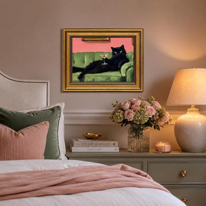 Devunaty Vintage Gold Framed Black Cat Martini Wall Art, Cocktail Bar Cart Wall Decor, Funny Cat On Green Sofa Canvas Print, Eclectic Whimsical Painting Picture For Bedroom Living Room Decor 12"x16"