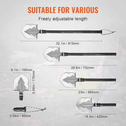 VEVOR Survival Shovel, 11 in 1 Camping Shovel Folding Multitool Kit, Portable and Compact, Stainless Steel, Multifunction for Off-Roading, Camping, Hiking, Outdoor, Survivalist and Emergency