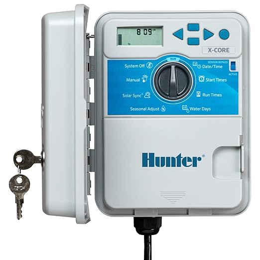 Hunter X-Core Sprinkler Timer, 4-Zone Indoor/Outdoor Sprinkler Controller | Indoor/outdoor 4-zone irrigation controller with seasonal adjustment, memory backup, manual controls, and no WiFi needed