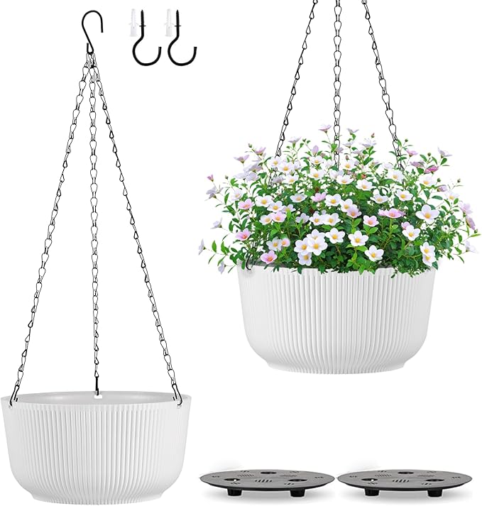 12 Inch Hanging Pots for Indoor Outdoor Plants Set of 2 | Self-Watering Hanging Planters with Internal Saucers, Drainage Holes & Plugs (Hooks)
