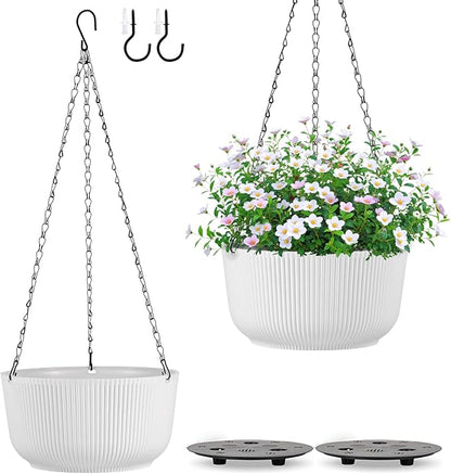 12 Inch Hanging Pots for Indoor Outdoor Plants Set of 2 | Self-Watering Hanging Planters with Internal Saucers, Drainage Holes & Plugs (Hooks)