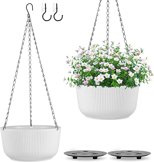 12 Inch Hanging Pots for Indoor Outdoor Plants Set of 2 | Self-Watering Hanging Planters with Internal Saucers, Drainage Holes & Plugs (Hooks)