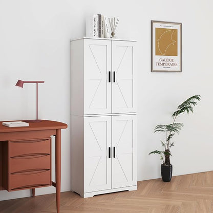 Farmhouse Storage Cabinet with 4 Door, Kitchen Pantry Storage with 4 Adjustable Shelves Wooden Cupboard for Kitchen, Dining Room, Living Room, Bathroom (White)