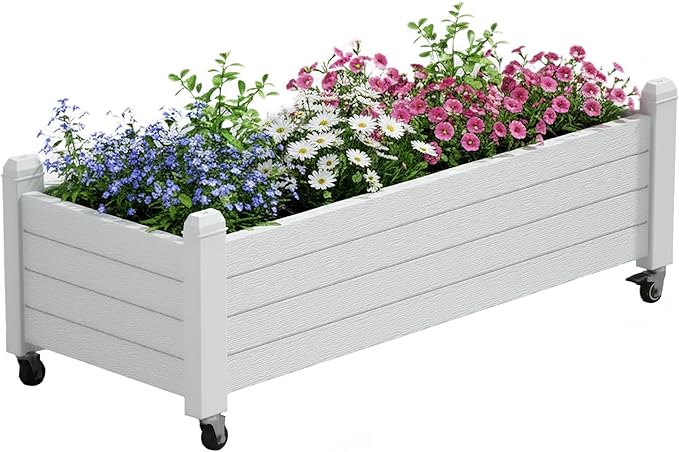Fancyango Raised Garden Bed with Wheels 13.3" H -Ashen | Resin Elevated Garden Planter Box with Drainage, Outdoor Planter Box for Veggies Herbs Patio Balcony Backyard