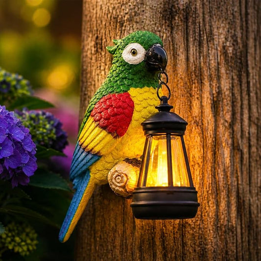 Colorful Parrot Garden Decor, Hanging Tree Ornament with Lantern Accent, Outdoor Yard Art for Patios and Lawns, Unique Gift for Garden Lovers