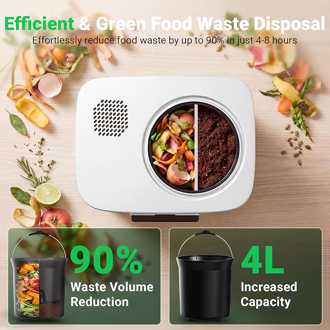 Growell 4L Electric Composter for Kitchen, Smart Countertop Compost Bin with Visible Window,Odorless & Low Noise, Auto-Cleaning,Turn Food Waste into Fertilizer, Food Waste Compost Indoor Machine