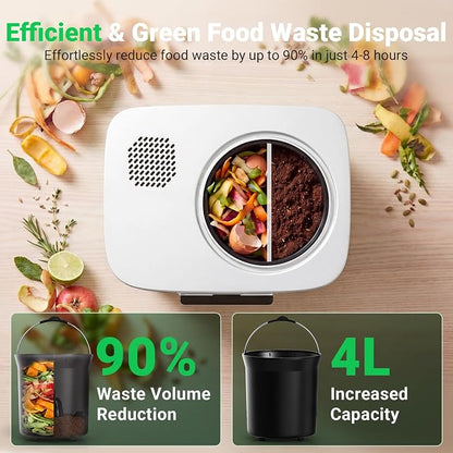 Growell 4L Electric Composter for Kitchen, Smart Countertop Compost Bin with Visible Window,Odorless & Low Noise, Auto-Cleaning,Turn Food Waste into Fertilizer, Food Waste Compost Indoor Machine