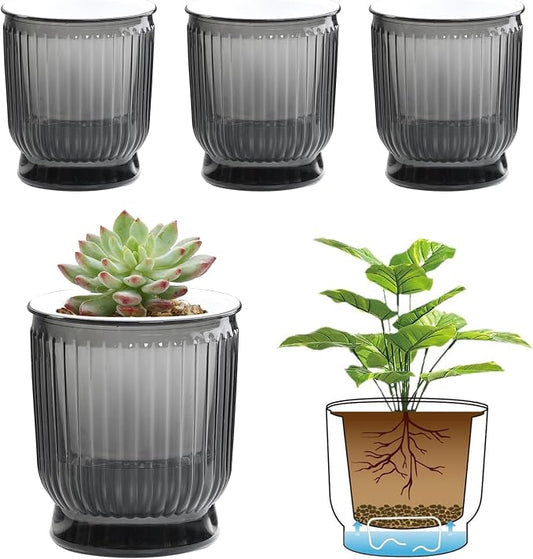 T4U 4 Inch Self Watering Plant Pot, 4 Pack Self Watering Pots, Small Self Watering Planter with Reservoir for Indoor Plants, African Violets (4 Pack 4" Pots, Translucent Gray)