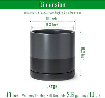 D'vine Dev 10 Inch Ceramic Planter Pot with Drainage Hole and Saucer, Indoor Cylinder Round Planter Pot, Slate, 94-O-E-5