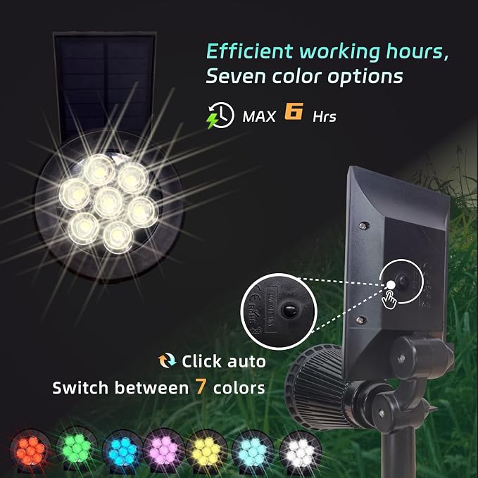 Solar Spot Lights Outdoor Color Changing, 8 Lighting Modes 2-in-1 Solar Lights Outdoor Waterproof, Auto On/Off Multicolor Solar Powered Landscape Spotlights for Garden Patio Yard Pool, 4 Pack