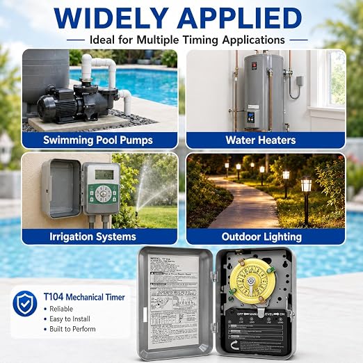 T104 Mechanical Timer Switch Replacement, 24-Hour Pool Timers for Pump | 208-277V AC DPST 40A, 24-hour 12 ON/Off timers for Pump Lights HVAC Systems