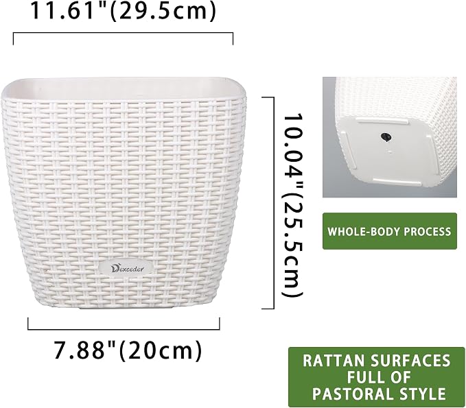 Dexceder 11x10 Self Watering Planter (Ivory White Rattan) | Inner Mat Design, Thickened Table Flower Plant Pot with Water Level Indicator Indoor Outdoor