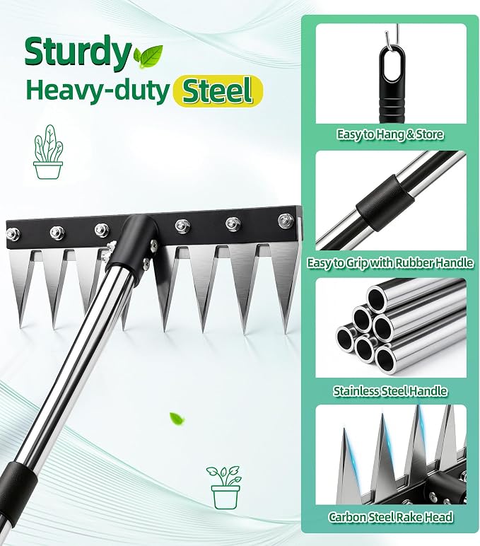 Iron Weed Rake with 71" Adjustable Long Handle, 8 Teeth Manual Weed Remover Tool Heavy Duty Garden Weed Puller with Gloves for Yard, Lawn, Garden | Heavy Duty, 71" Adjustable Long Handle