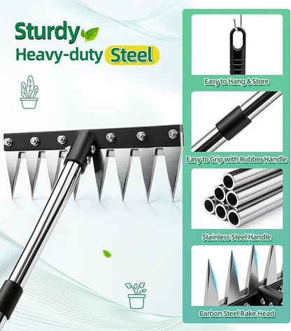 Iron Weed Rake with 71" Adjustable Long Handle, 8 Teeth Manual Weed Remover Tool Heavy Duty Garden Weed Puller with Gloves for Yard, Lawn, Garden | Heavy Duty, 71" Adjustable Long Handle