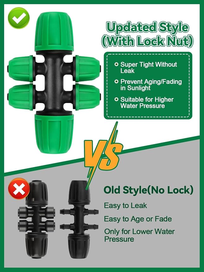 Kalolary 20PCS Locked Barbed Tee Connectors, 5/16" to 1/4" Drip Irrigation Fittings Kit 8/12mm to 4/7mm Tube Lock Female Connector 6-Way Barbed Lock Irrigation Parts for Watering System (Green)