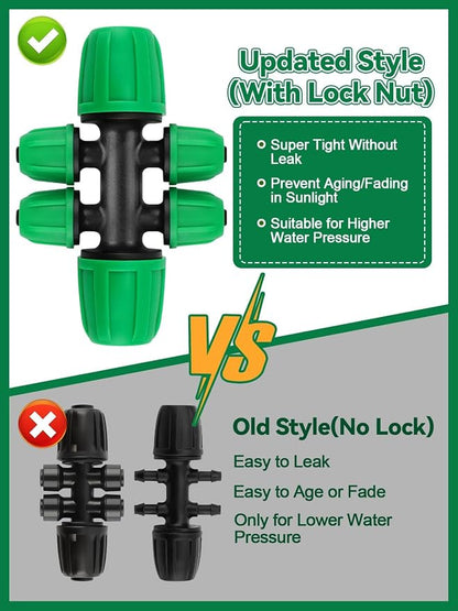 Kalolary 20PCS Locked Barbed Tee Connectors, 5/16" to 1/4" Drip Irrigation Fittings Kit 8/12mm to 4/7mm Tube Lock Female Connector 6-Way Barbed Lock Irrigation Parts for Watering System (Green)