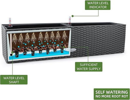 Dexceder 31.5 Inch Self Watering Rail Window Box with Bracket (Deep Gray) | Thickened Large Rattan Planter Flower Plant Pot with Water Level Indicators Indoor Outdoor