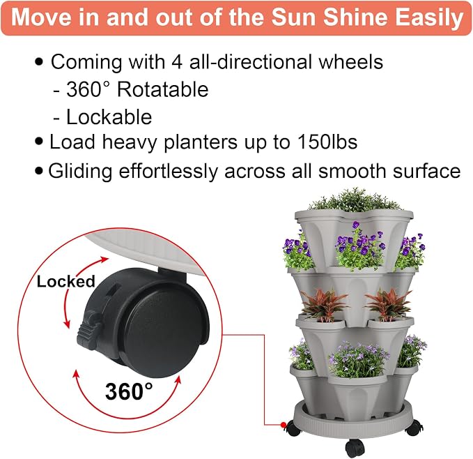 GameXcel Vertical Planter Tower - 4 Tier Stackable Garden Planters with Wheels and Tools Plant Pots for Strawberry Herb Flower and Vegetable Indoor Outdoor Use Gray