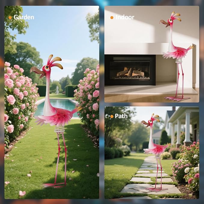 Natelf Outdoor Summer Flamingo Metal Garden Yard Art 25in | Weatherproof, Rustproof, Large Outdoor Garden Statue, Spring-loaded, For Women Mom Grandma