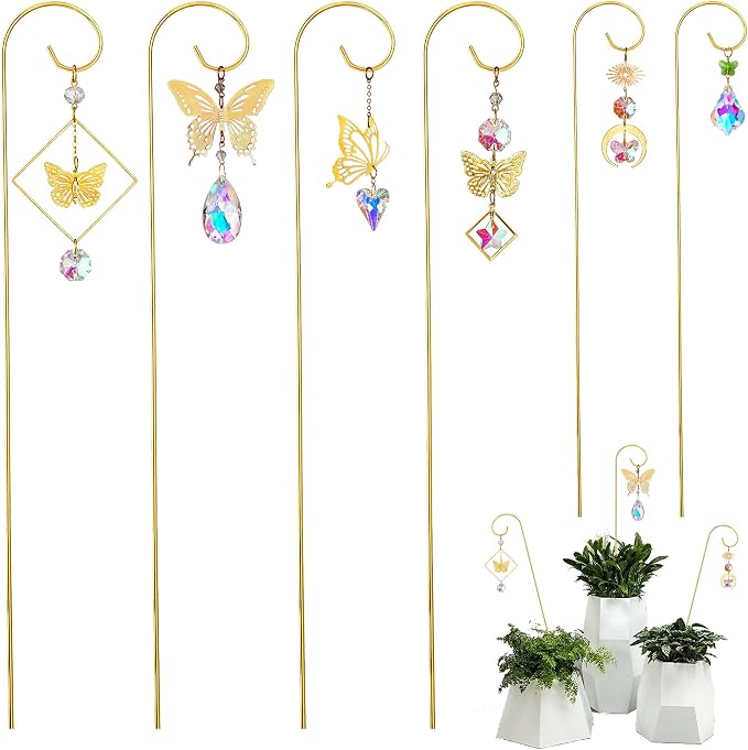 6pcs Crystal Butterfly Suncatchers with 13'' Gold Trellis for Potted Plants | Mini Indoor Plant Accessories,Fairy Garden Stakes Sun Catchers,Gift for Plant Lover,Gardening Enthusiasts,Whimsical decor