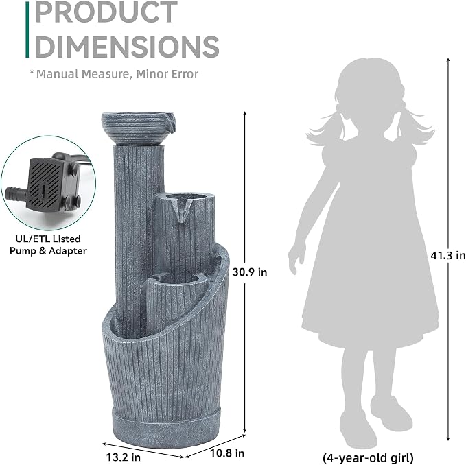 AUTODAYA 31" 5-Tier Twist Pedestal Outdoor Fountain LED Cascading Waterfall | geometric twist Pedestal Bowl design, fluted texture, patio garden, Backyard, Deck, or Porch