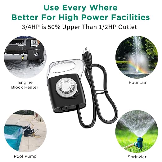 G-ELEK Outdoor Timer Outlet Waterproof, Outdoor Light Timer, 3/4HP Heavy Duty, 18 Inches Long Cord, 1 Grounded Outlet, Ideal for Engine Block Heater, Pool Pump, CSA Listed (Black)