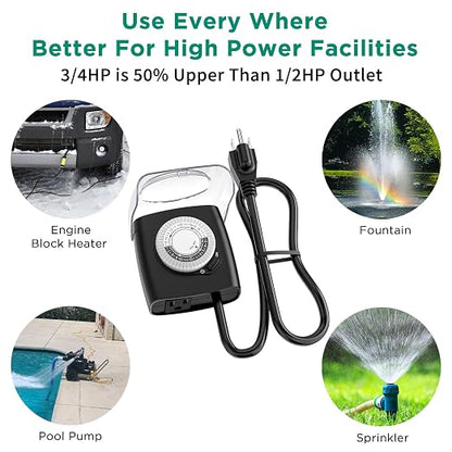 G-ELEK Outdoor Timer Outlet Waterproof, Outdoor Light Timer, 3/4HP Heavy Duty, 18 Inches Long Cord, 1 Grounded Outlet, Ideal for Engine Block Heater, Pool Pump, CSA Listed (Black)