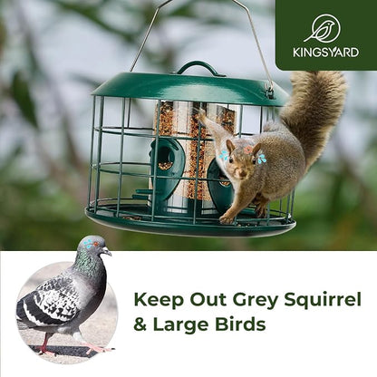 Kingsyard Tube Squirrel Proof Bird Feeders for Outdoor Hanging, Metal Caged | Rain Proof Covered, Wildbirds Finches Bluebird, 4 Feeding Ports, Green