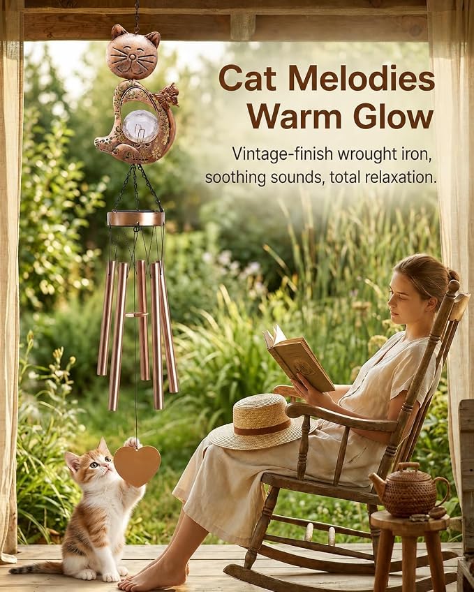 Nacome Cat Wind Chimes Outdoor Indoor: Weatherproof Metal Outdoor Decor Easy Hanging for Garden Patio Tree Window - Melodious Mother's Day Birthday Gifts for Mom Women Mom Grandma Her Wife