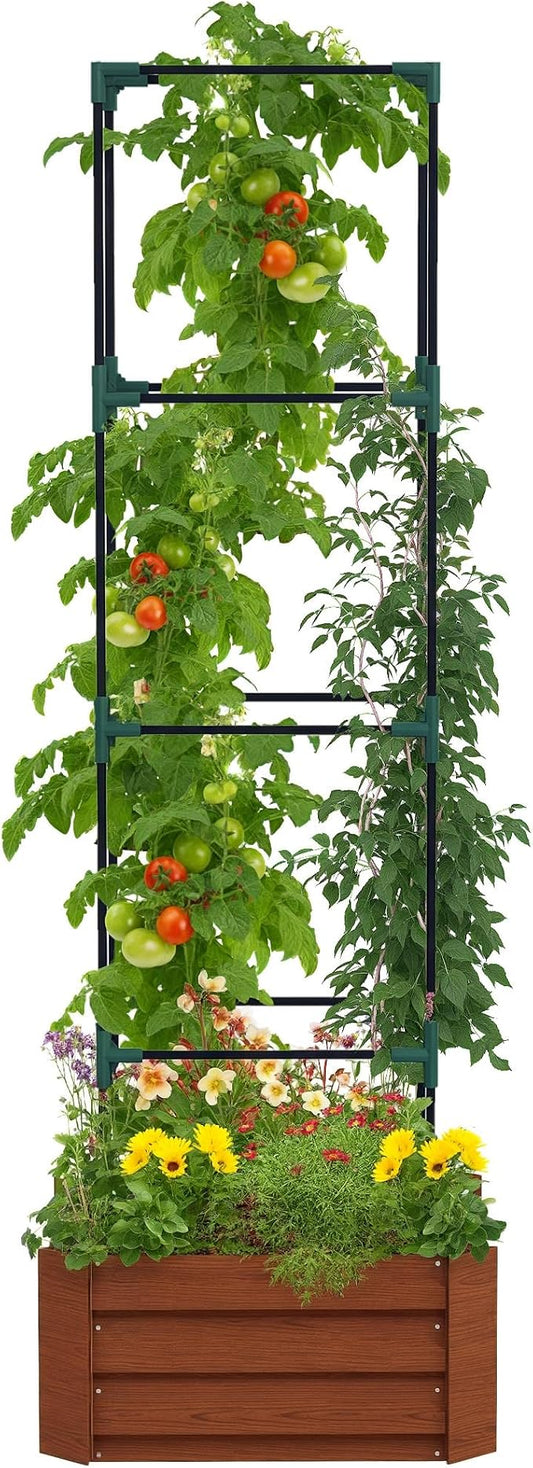 Outsunny Galvanized Raised Garden Bed, 73.5" Outdoor Planter Box with Trellis Tomato Cage and Open Bottom for Climbing Vines, Vegetables, Flowers in Backyard, Garden, Patio, Brown