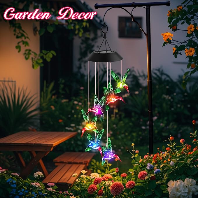Gifts for Grandma Mom Nana Wife Sister, Mother Birthday Christmas Gardening Hummingbird Gifts for Women, Winzwon Wind Chimes Solar Lights Outdoor Decor for Garden Patio Yard Porch