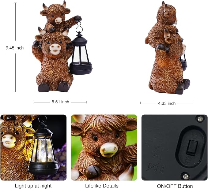 Goodeco 9.5 Inch Highland Cattle with Solar Lantern – Resin Garden Decor, Outdoor Statue & Unique Highland Cow Gifts (Brown)