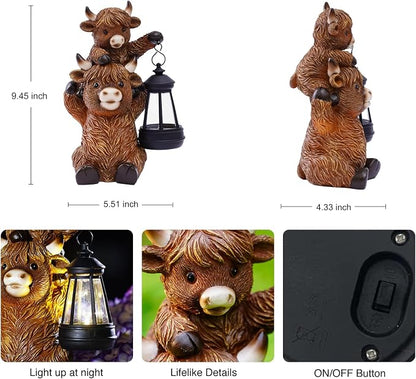 Goodeco 9.5 Inch Highland Cattle with Solar Lantern – Resin Garden Decor, Outdoor Statue & Unique Highland Cow Gifts (Brown)