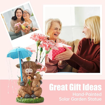 Joint Honglin Solar Highland Cow Garden Statue with Raindrop String Lights, Flashing Umbrella Fairy Lights Outdoor Resin Figurine, Yard Lawn Ornament, Unique Birthday for Mom Grandma