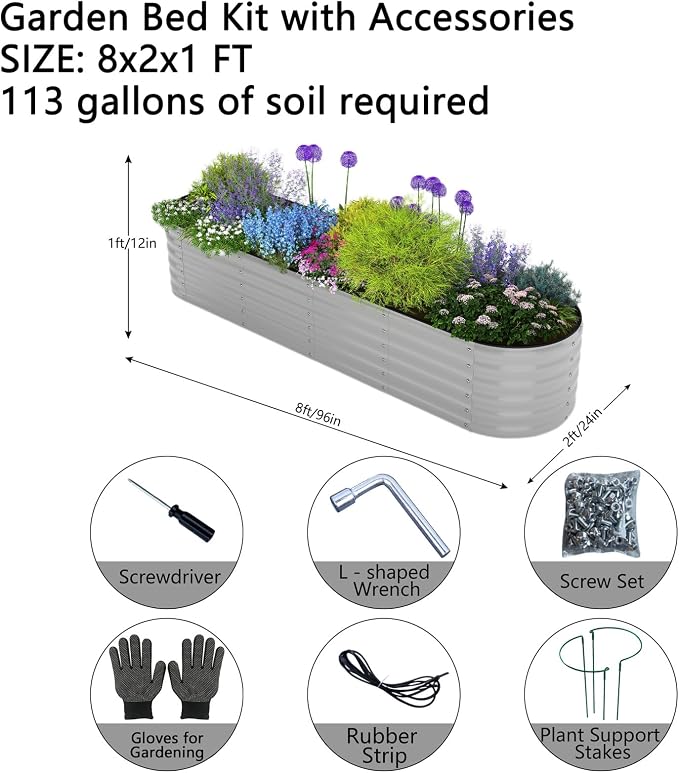 ZFHgarden Galvanized Metal Planter Round Raised Garden Bed Kit for Gardening Outdoor Galvanized Planter Outdoor 1PC Gray 8X2X1FT