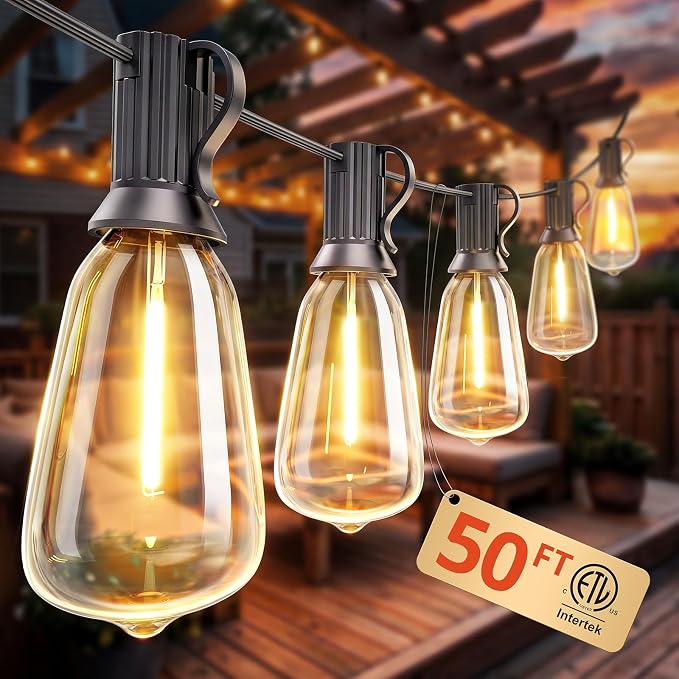 Outdoor String Lights 50FT, Patio Lights Outdoor Waterproof with 27 Bulbs | Shatterproof ST38 Edison Bulbs, Outside Hanging Light for Porch, Garden, Backyard, Deck, Balcony, Decor, 2700K Dimmable