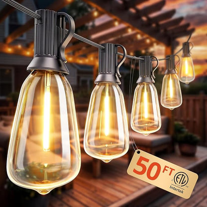 Outdoor String Lights 50FT, Patio Lights Outdoor Waterproof with 27 Bulbs | Shatterproof ST38 Edison Bulbs, Outside Hanging Light for Porch, Garden, Backyard, Deck, Balcony, Decor, 2700K Dimmable