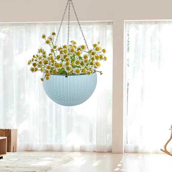 Vencer 11 Inch Round Resin Rattan Hanging Planters,Light Blue,VF-A15-B | Self Watering,Drain Hole,Metal Chain,Water Indicator,Indoor Outdoor