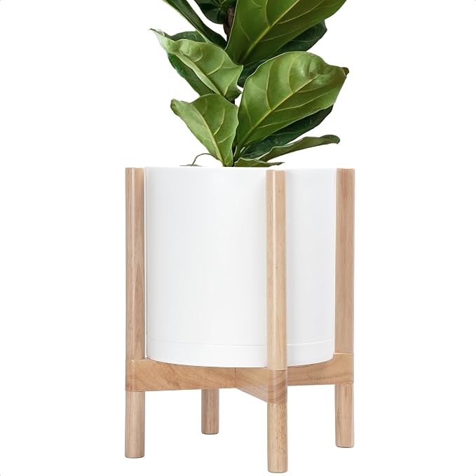 D'vine Dev Plastic Pot with Natural Wood Stand, White, 12 in, 55-C-P-1 | Mid-Century Inspired Design, Elevated Plant Display, Clean Lines, Sturdy Support, Modern Space-Saving Style