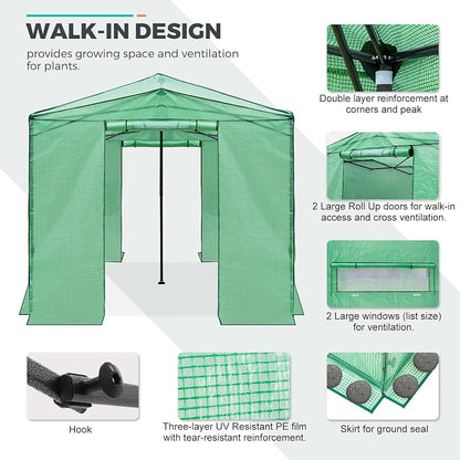 EAGLE PEAK 12x8 Portable Walk in Greenhouse, Pop Up Indoor Outdoor Greenhouse, Green House Kit with Zippered Roll-Up Doors, Windows + Support Pole, PE Cover, Clear/Green