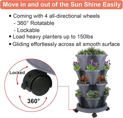 GameXcel Vertical Planter Tower - 4 Tier Stackable Garden Planters with Wheels and Tools Plant Pots for Strawberry Herb Flower and Vegetable Indoor Outdoor Use Dark Gray