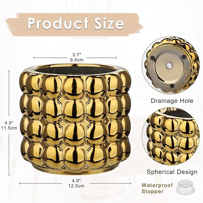 DILATATA 5 Inch Ceramic Planter Pot for Indoor Plants with Drainage Hole Bubble Flower Planter Hobnail Plant Pot Garden Planter Gold Succulent Plant Pot Utensil Holder